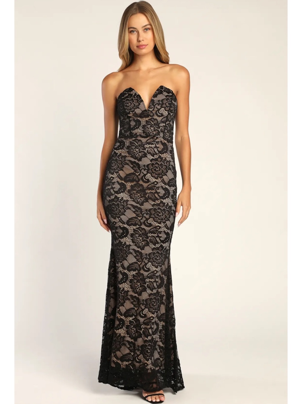 Lulus Sexy Sophistication Black Lace Beige Liner Strapless Trumpet Maxi Dress